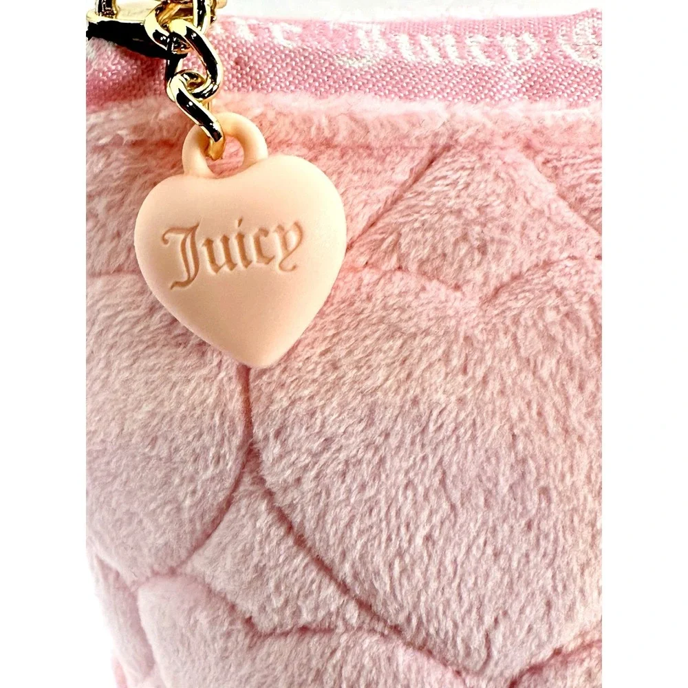 Juicy Couture Pink Heart Quilted Cosmetic Bag JC Logo Velvet Makeup Pouch‎ NWT
